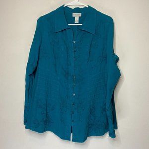 Soft Surroundings Women L Blouse Floral Embroidered Button Front Long Sleeve Top